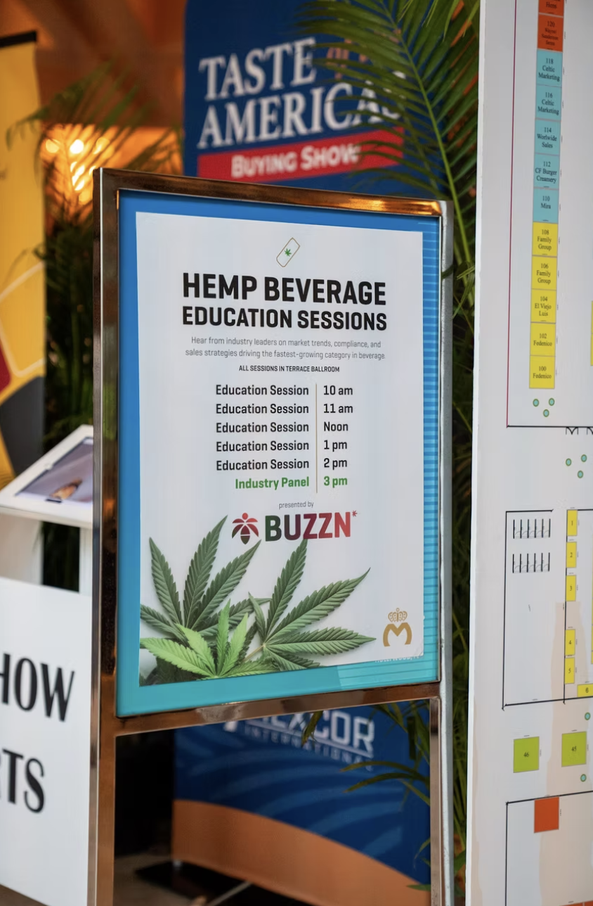 Signage for the hemp beverage education sessions presented by BUZZN