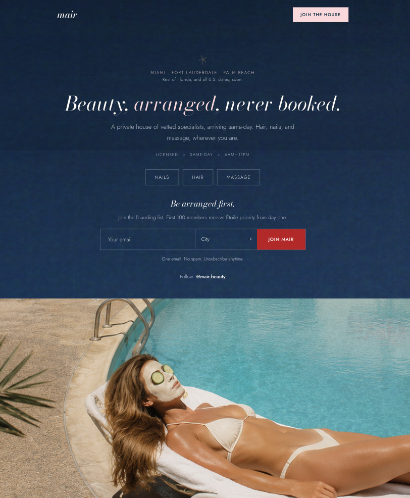 The Mair homepage, from the wordmark through the waitlist and the poolside lifestyle image